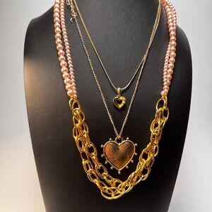 Layered Heart Necklace Set Gold Pink Faux Pearl Chunky Chain Multi Strand
